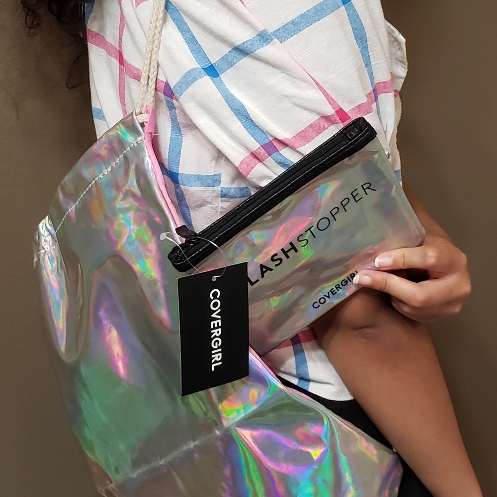 Drawstring pink synthetic backpack & pouch